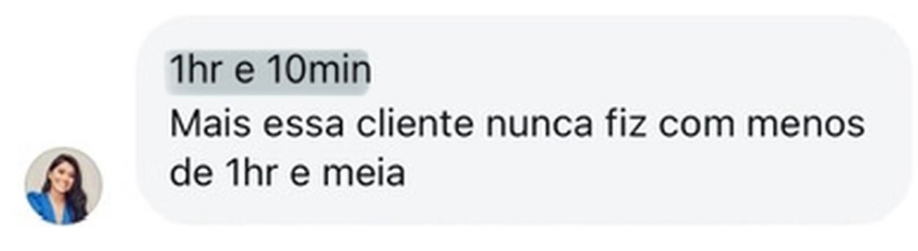 Print de depoimento: aluna fez uma manutenção em 1 hora e 10 minutos numa cliente que nunca fez em menos de 1 hora e meia.