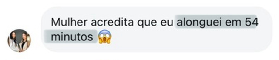 Print de depoimento: aluna relata que alongou as unhas em 54 minutos.